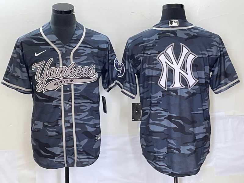 Mens New York Yankees Gray Camo Team Big Logo With Patch Cool Base Stitched Baseball Jersey